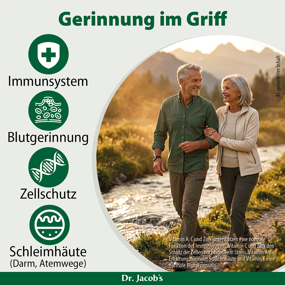 Infografik mit dem Titel „Gerinnung im Griff“ mit zwei älteren Menschen, die gemeinsam in der Natur spazieren gehen. Die Grafik hebt Vorteile im Zusammenhang mit dem Immunsystem, der Blutgerinnung, dem Zellschutz und den Schleimhäuten hervor, wobei d