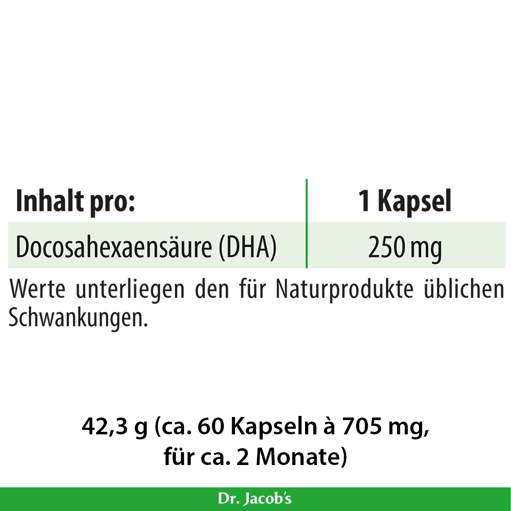 Detailaufnahme der Inhaltsstoffe von Dr. Jacob’s Kapseln mit 250 mg Docosahexaensäure (DHA) pro Kapsel. Verpackungsinformationen zu 60 Kapseln und Schwankungen der Werte.