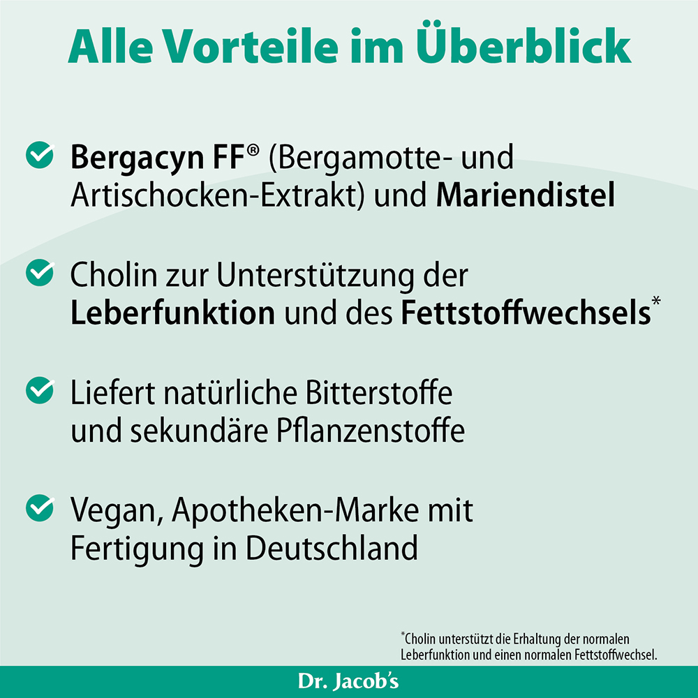 Infografik zu den Vorteilen von Bergacyn FF® mit Bergamotte- und Artischocken-Extrakt sowie Mariendistel, Cholin zur Unterstützung der Leberfunktion, natürlichen Bitterstoffen und sekundären Pflanzenstoffen. Vegan und Apotheken-Marke.