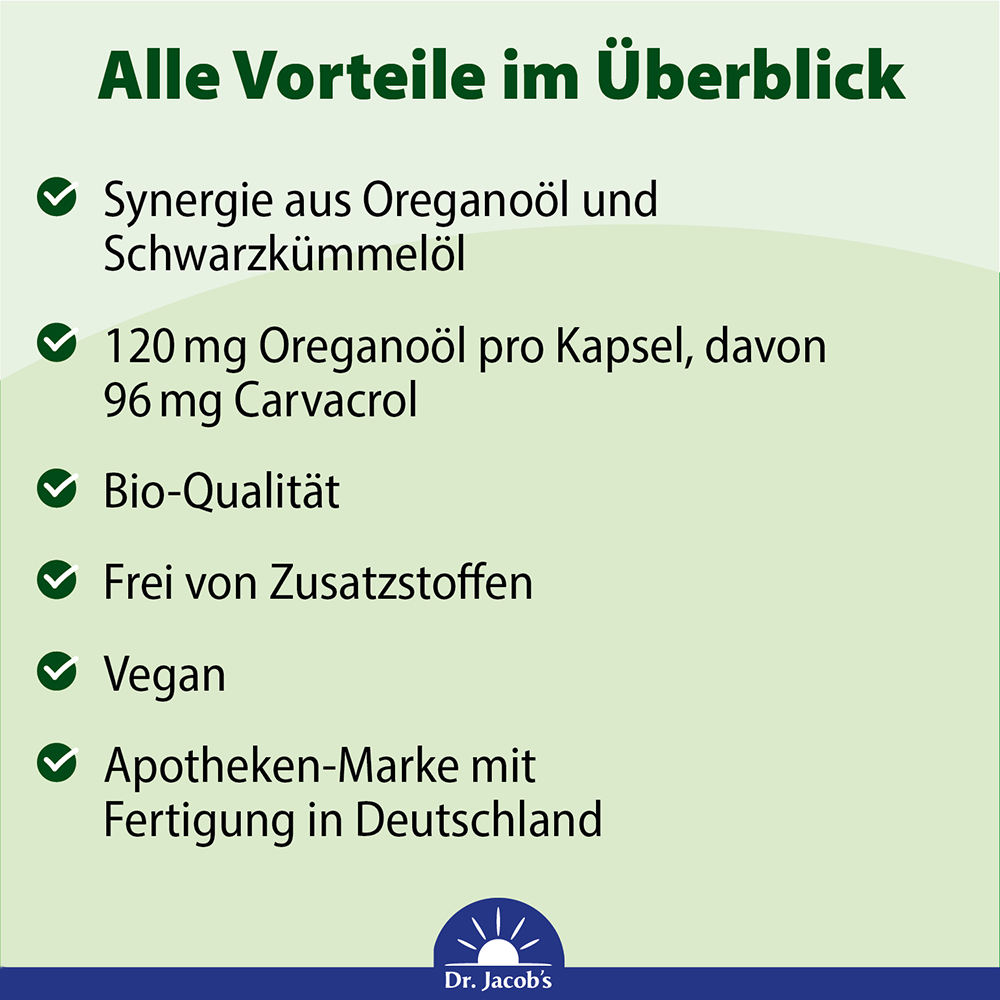 Infografik zu den Vorteilen von Oreganoöl und Schwarzkümmelöl, einschließlich Bio-Qualität, vegan, frei von Zusatzstoffen und Apotheke-Marke mit Fertigung in Deutschland.