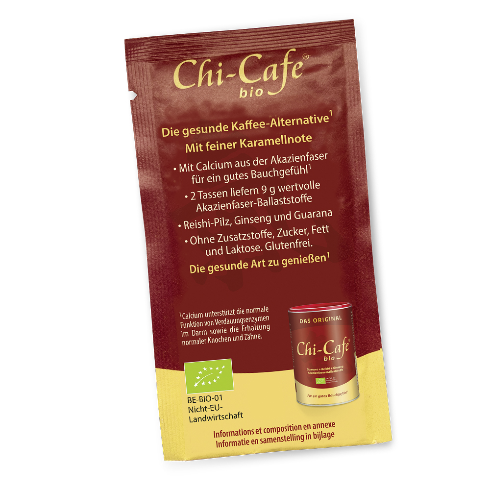 Dr. Jacob’s Chi-Cafe Bio-Beutel mit Produktinformationen, darunter Inhaltsstoffe wie Akazienfaser, Reishi, Ginseng und Guarana, mit Bio-Siegel und einer kleinen Abbildung der Chi-Cafe Bio-Dose.
