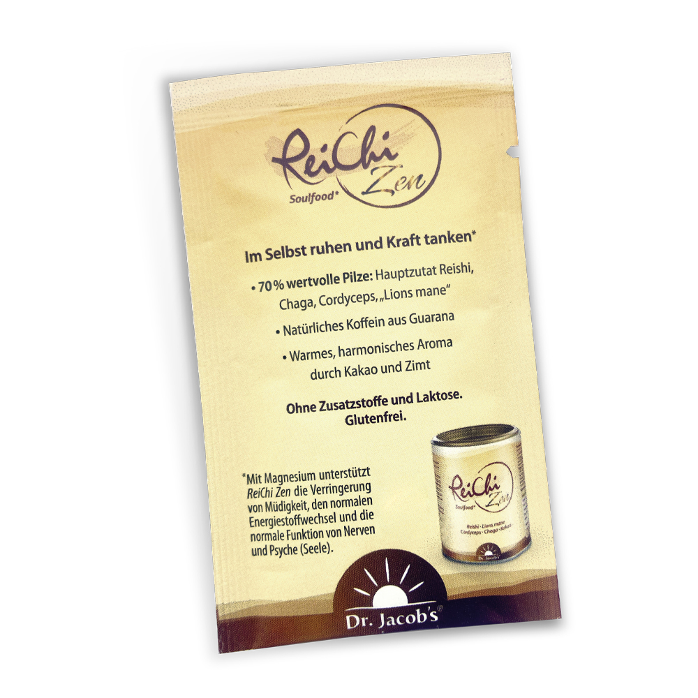 Dr. Jacob's ReiChi Zen-Beutel mit Produktinformationen zu Pilzzutaten wie Reishi, Chaga, Cordyceps und Löwenmähne, natürlichem Koffein aus Guarana und Kakao-Zimt-Geschmack, einschließlich eines kleinen Bildes der ReiChi Zen-Dose.