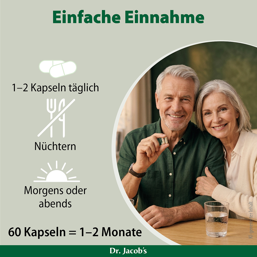 Infografik über die einfache Einnahme von Dr. Jacobs Produkt, mit einem älteren Paar, das lächelt, während es eine Kapsel in der Hand hält, mit Anweisungen zur täglichen Einnahme und zum Zeitpunkt.