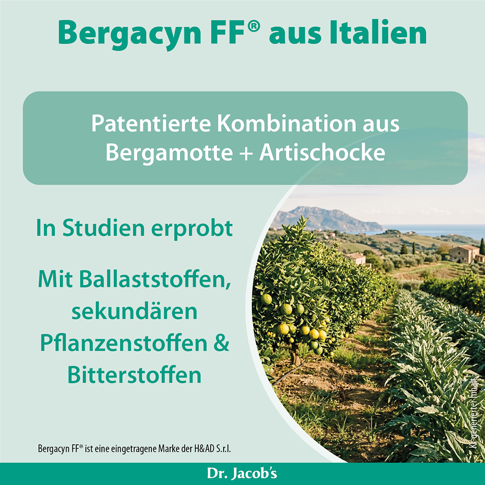 Infografik über Dr. Jacob's Bergacyn FF aus Italien, mit einer patentierten Kombination aus Bergamotte und Artischocke, inklusive Ballaststoffen, sekundären Pflanzenstoffen und Bitterstoffen, mit malerischem Blick auf eine mediterrane Plantage.