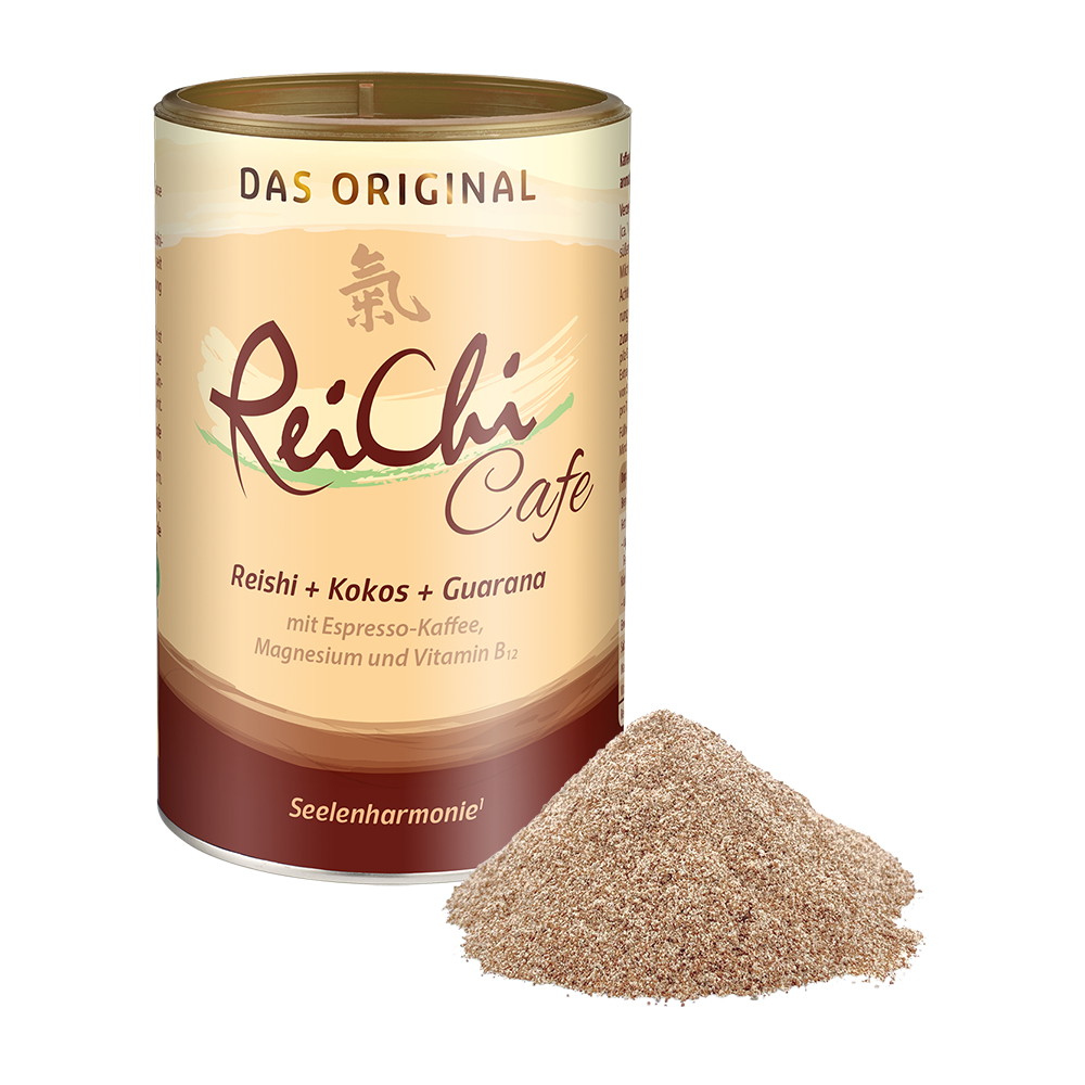Dr. Jacob’s ReiChi Cafe Dose mit Reishi, Kokosnuss, Guarana, Espressokaffee, Magnesium und Vitamin B12, dazu ein kleiner Haufen des braunen Pulvers vor der Verpackung.
