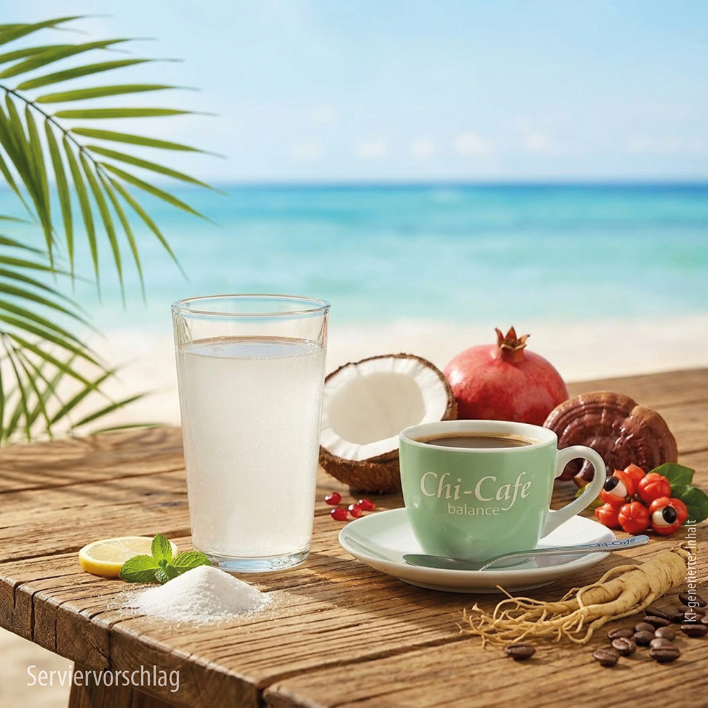 Eine Tasse Dr. Jacob’s Chi-Cafe Balance auf einem Holztisch am Strand, dazu ein Glas Wasser, Kokosnuss, Granatapfel, Ginsengwurzel, Kaffeebohnen und Guaranabeeren, als Serviervorschlag für das Kaffeegetränk.