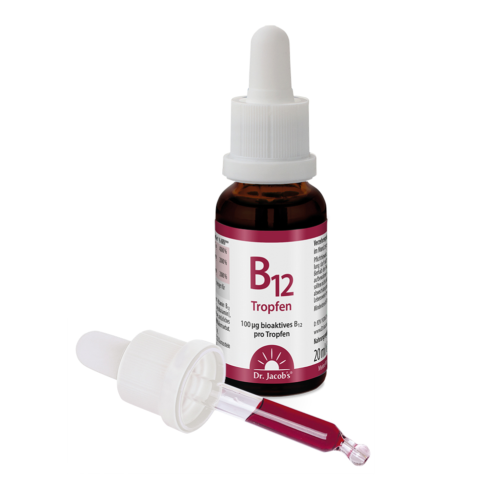 Dr. Jacob’s B12 Tropfen – flüssiges Nahrungsergänzungsmittel in einer 20-ml-Flasche mit Tropfer, dunkel bernsteinfarben und mit weißem Tropferverschluss.
