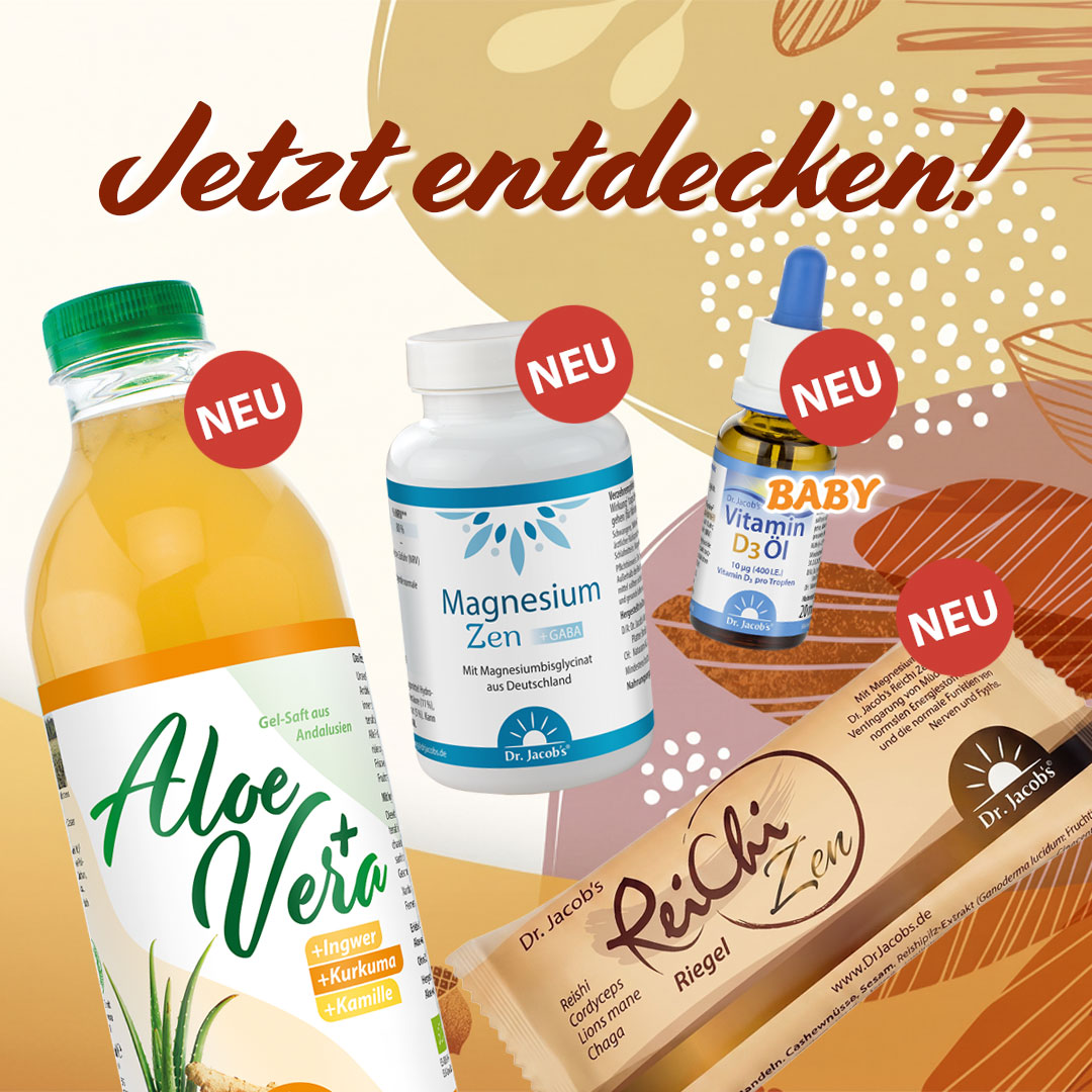 Eine Reihe neuer Dr. Jacob’s-Produkte, darunter Aloe-Vera-Saft mit Ingwer, Kurkuma und Kamille, Magnesium-Zen-Kapseln, Vitamin-D3-Öl für Babys und ein ReiChi-Zen-Riegel, präsentiert vor einem dekorativen grafischen Hintergrund.