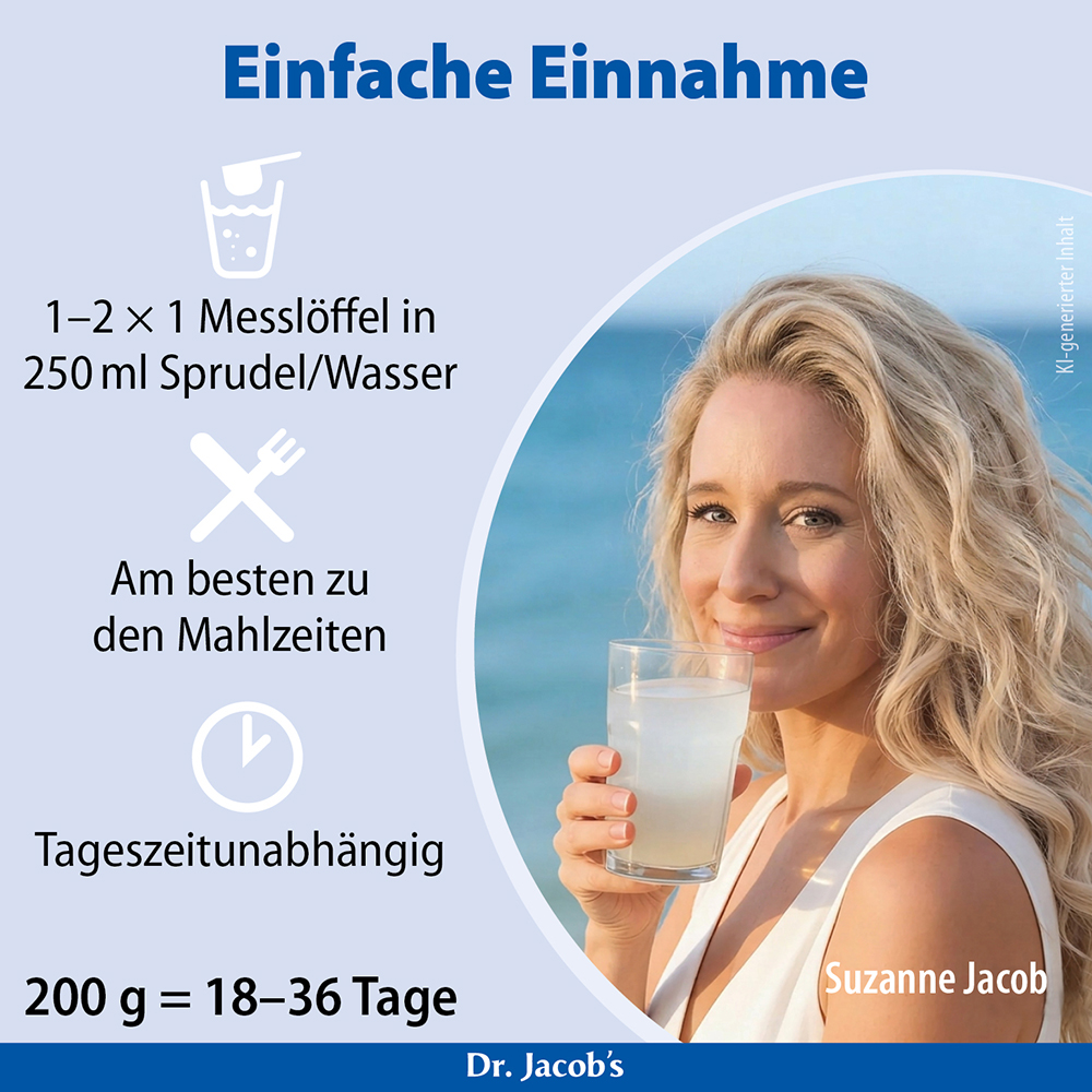 Infografik von Dr. Jacob's mit einfachen Zubereitungsanweisungen: 1–2 Messlöffel in 250 ml Wasser oder Mineralwasser mischen, zu den Mahlzeiten einnehmen und zu jeder Tageszeit einnehmen. Dargestellt ist eine Frau mit einem Glas des zubereiteten Getr