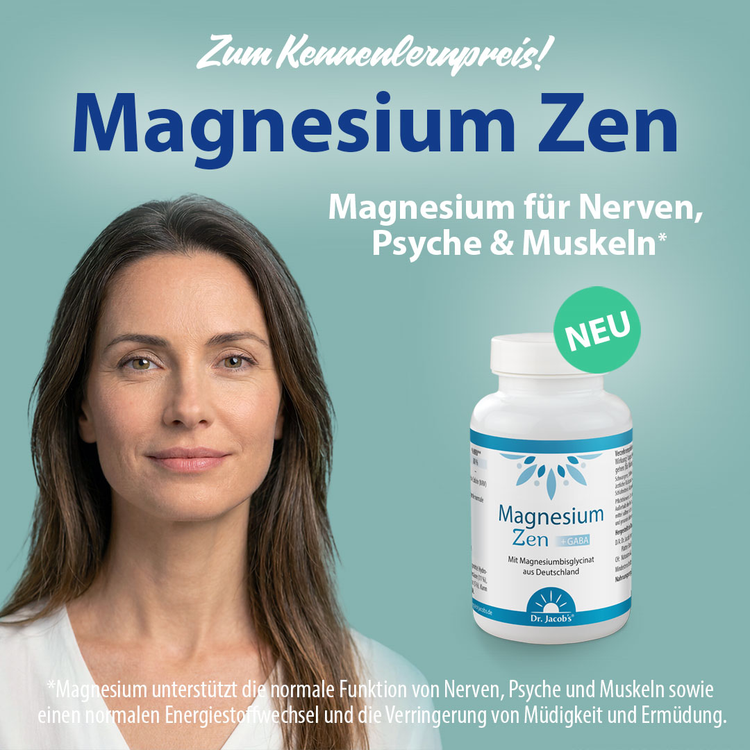 Dr. Jacob’s Magnesium Zen – Nahrungsergänzungsmittel für Nerven, Psyche und Muskeln in einer weißen Flasche mit blauem Etikett.