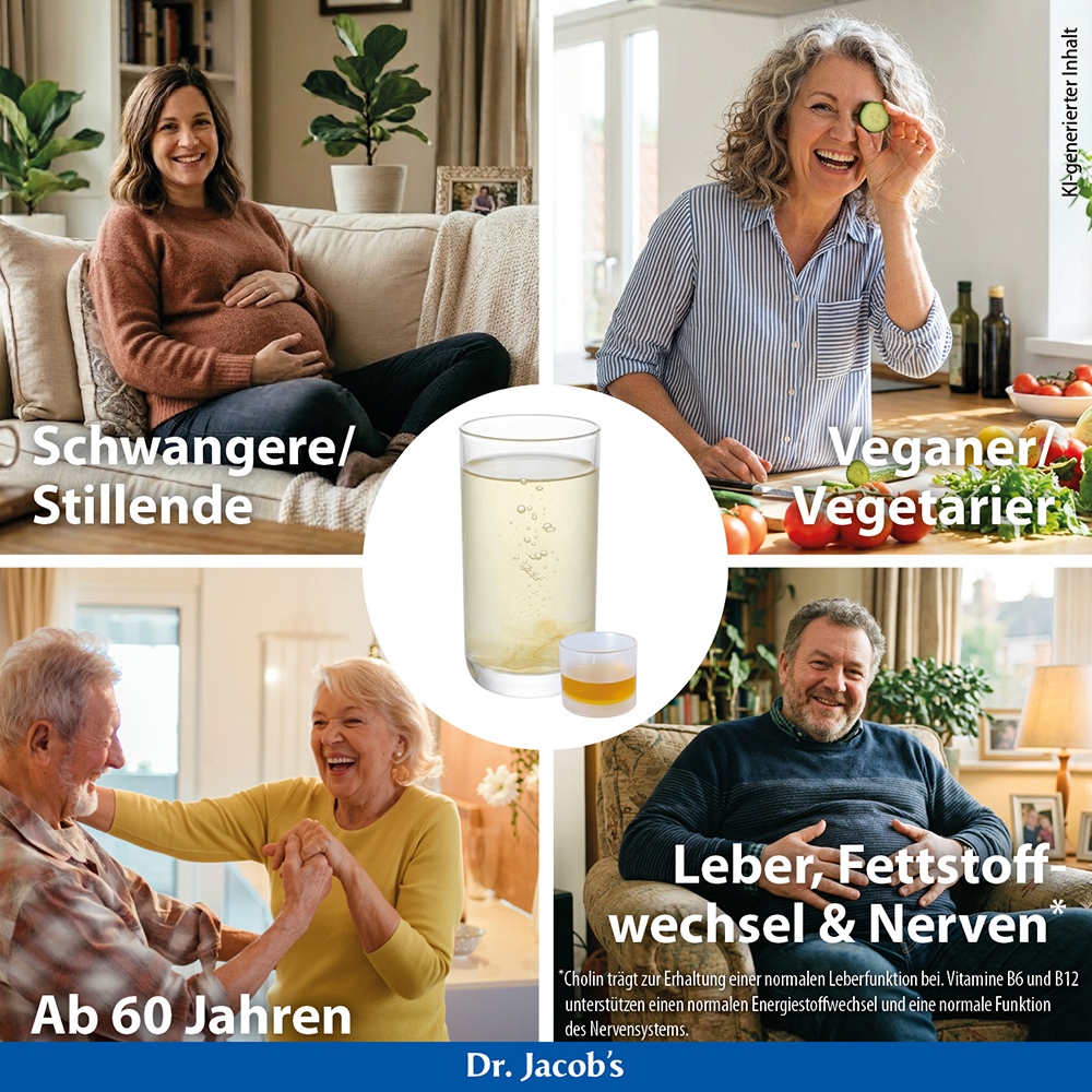 Collage, die verschiedene Menschen zeigt: eine schwangere Frau, eine Frau, die Gemüse zubereitet, ein älteres Ehepaar und einen Mann, der auf einem Stuhl sitzt, in der Mitte ein Glas Flüssigkeit und ein kleiner Messbecher, der Dr. Jacobs Nahrungsergä