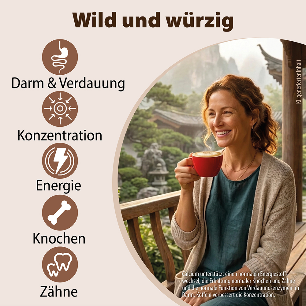 Infografik, die eine Frau zeigt, die auf einem Balkon aus einem roten Becher trinkt, mit Symbolen und Text, die Vorteile für Darm, Verdauung, Konzentration, Energie, Knochen und Zähne hervorheben, einschließlich eines Hinweises zur Rolle von Kalzium 
