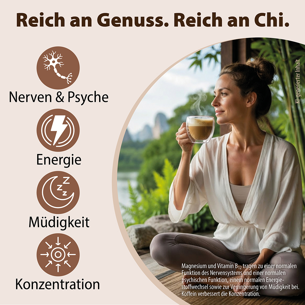 Infografik, die eine Frau zeigt, die ein heißes Getränk trinkt, mit Symbolen, die gesundheitliche Vorteile hervorheben: Nervensystem, Energie, Müdigkeitsreduzierung und Konzentration, unterstützt durch Magnesium, Vitamin B12 und Koffein.