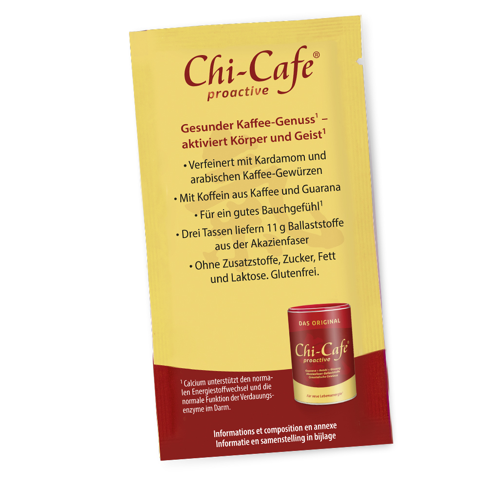 Dr. Jacob’s Chi-Cafe Proactive-Beutel, eine Kaffeegetränkemischung mit Kardamom, Guarana und Akazienfasern, mit Produktinformationen und einem Bild der Chi-Cafe Proactive-Dose auf der Vorderseite.