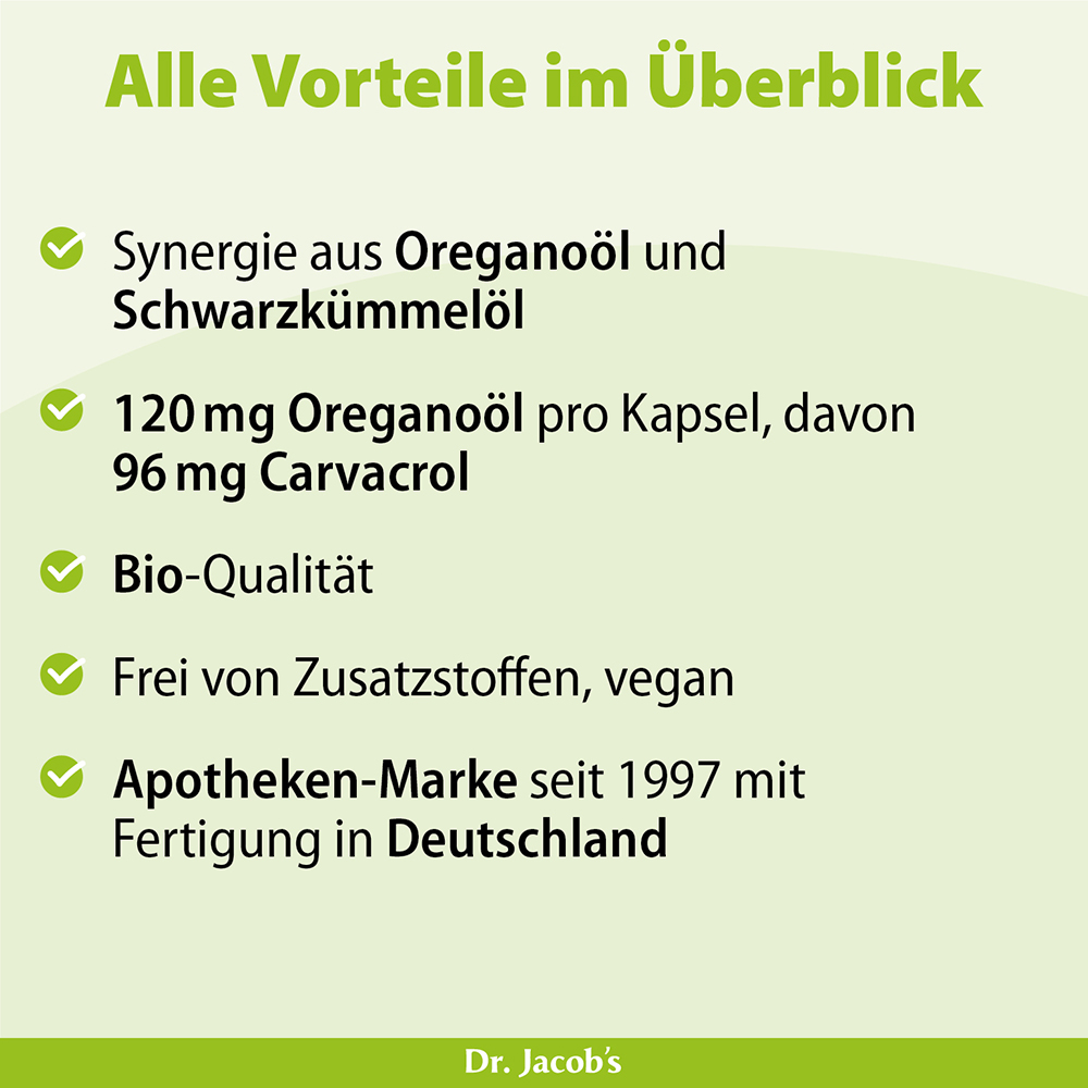 Infografik zu den Vorteilen von Oreganoöl und Schwarzkümmelöl, einschließlich Bio-Qualität, veganer Rezeptur und Angaben zu Inhaltsstoffen pro Kapsel.