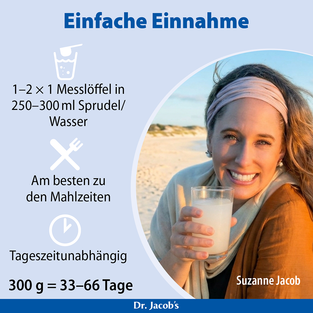 Infografik von Dr. Jacob's mit einfachen Zubereitungsanweisungen: 1–2 Messlöffel in 250–300 ml Wasser mischen, zu den Mahlzeiten einnehmen und zeitlich flexibel gestalten. Dargestellt ist eine Frau mit einem Glas des zubereiteten Getränks.