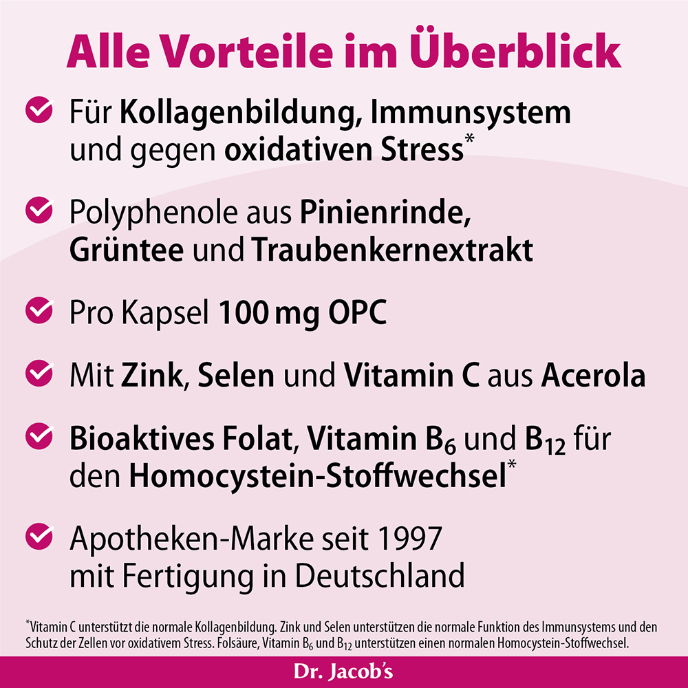 Infografik, die die Vorteile des Produkts von Dr. Jacob hervorhebt, einschließlich der Unterstützung der Kollagenbildung, des Immunsystems und des oxidativen Stresses, mit Details zu Inhaltsstoffen und aktiven Komponenten.