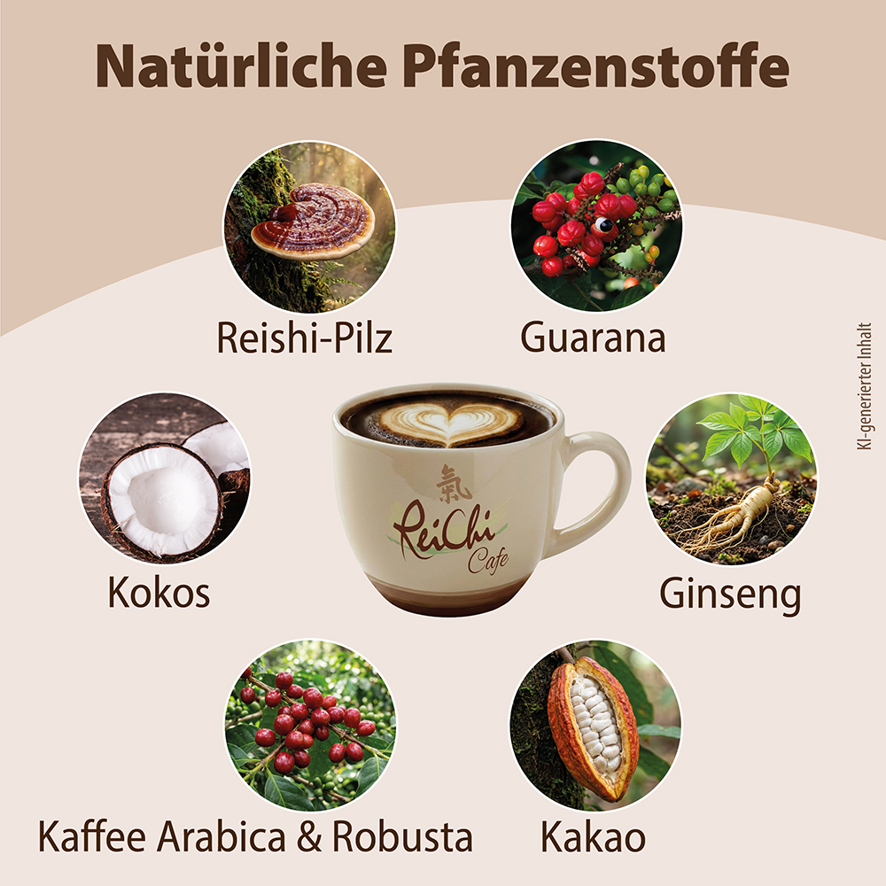 Infografik mit natürlichen Zutaten von Dr. Jacob’s ReiChi Café: Reishi-Pilz, Guarana, Kokosnuss, Ginseng, Kaffeebohnen (Arabica und Robusta) und Kakao, zentriert um eine Tasse Kaffee mit Latte Art.