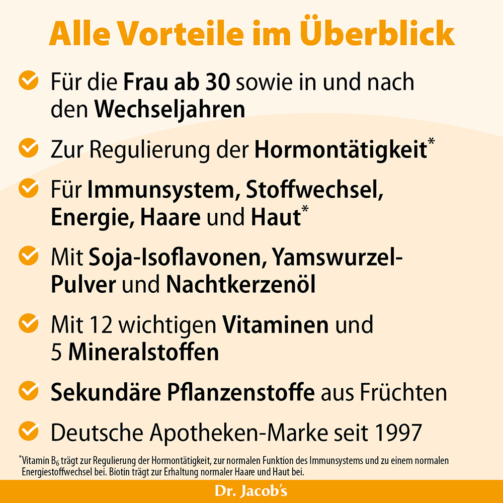 Infografik, die die Vorteile von Dr. Jacobs Produkt für Frauen über 30 darlegt und die hormonelle Regulierung, die Unterstützung des Immunsystems und wichtige Inhaltsstoffe wie Soja-Isoflavone und Vitamine hervorhebt.