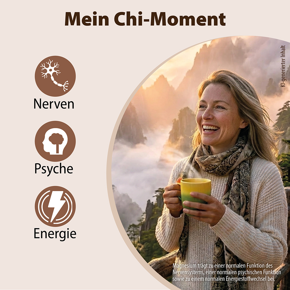 Infografik mit dem Titel „Mein Chi-Moment“, die eine lächelnde Frau mit einer warmen Tasse in einer Berglandschaft zeigt, neben Symbolen für Nerven, Psyche und Energie, mit Text, der die Rolle von Magnesium bei diesen Körperfunktionen erklärt.