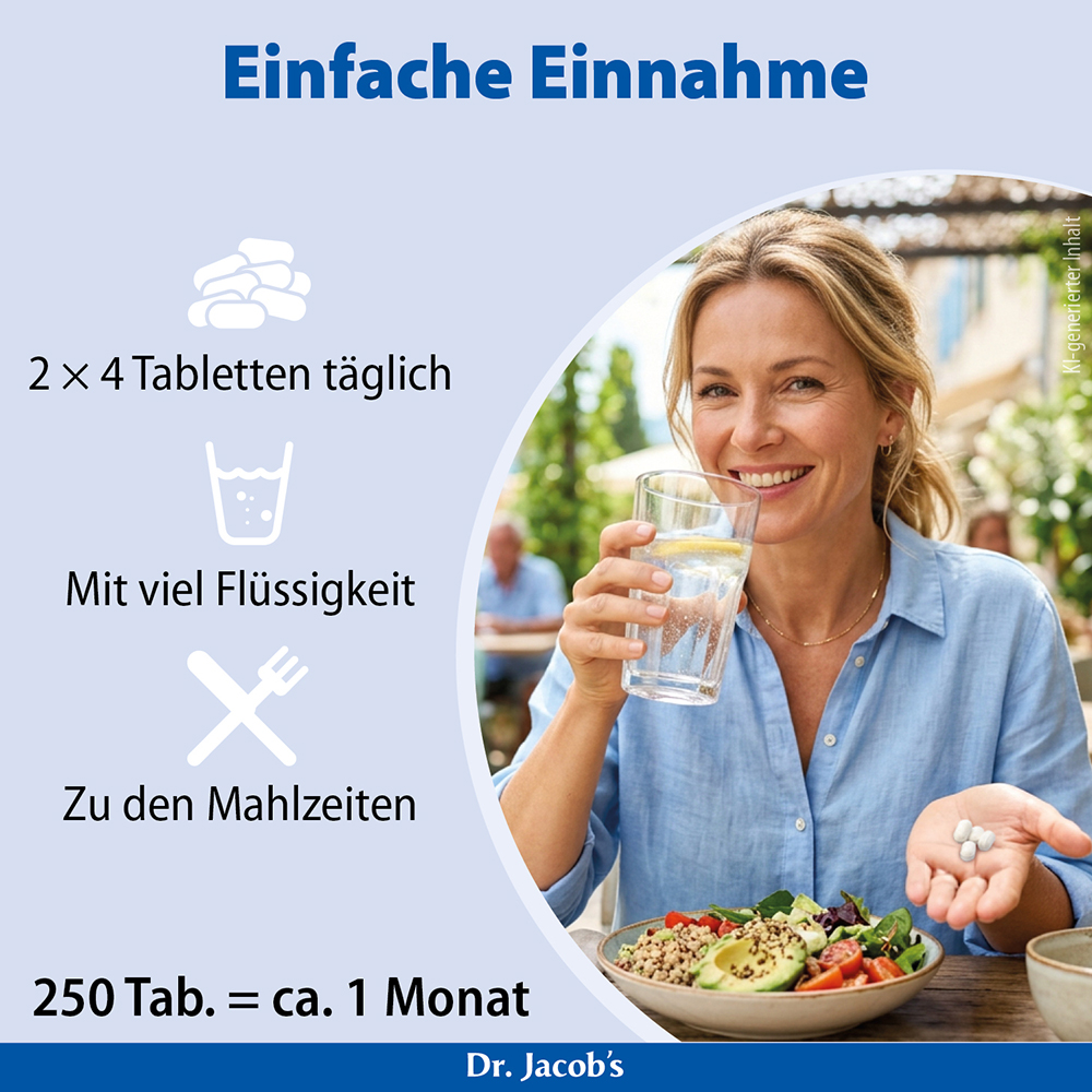 Infografik zur Produktnutzung von Dr. Jacob: Eine Frau hält Tabletten und ein Glas Wasser neben eine Mahlzeit. Die Textanleitung beinhaltet die Einnahme von 2 x 4 Tabletten täglich mit reichlich Flüssigkeit zu den Mahlzeiten, wobei zu beachten ist, d