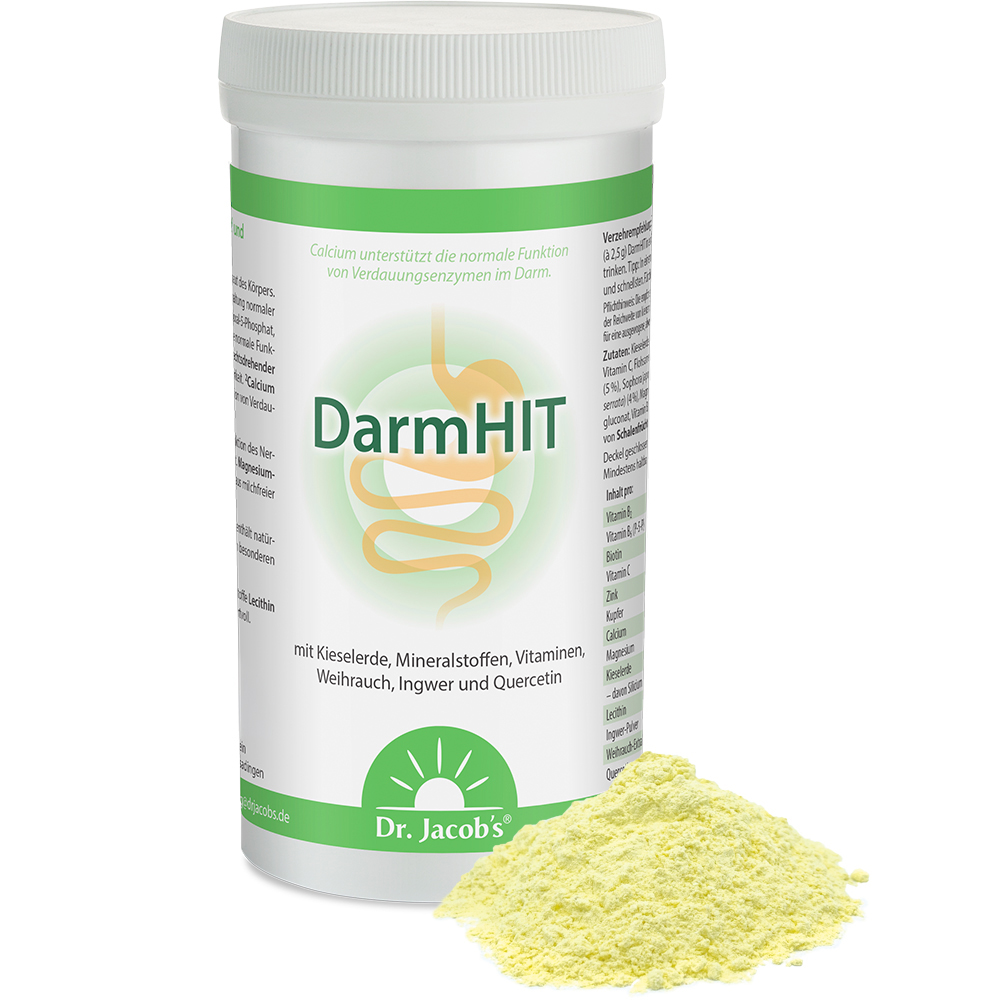 Dr. Jacob’s DarmHIT – Pulver, Behälter mit gelbem Pulver daneben. Der Behälter verfügt über ein grün-weißes Design mit Text zu seinen Inhaltsstoffen und Vorteilen.