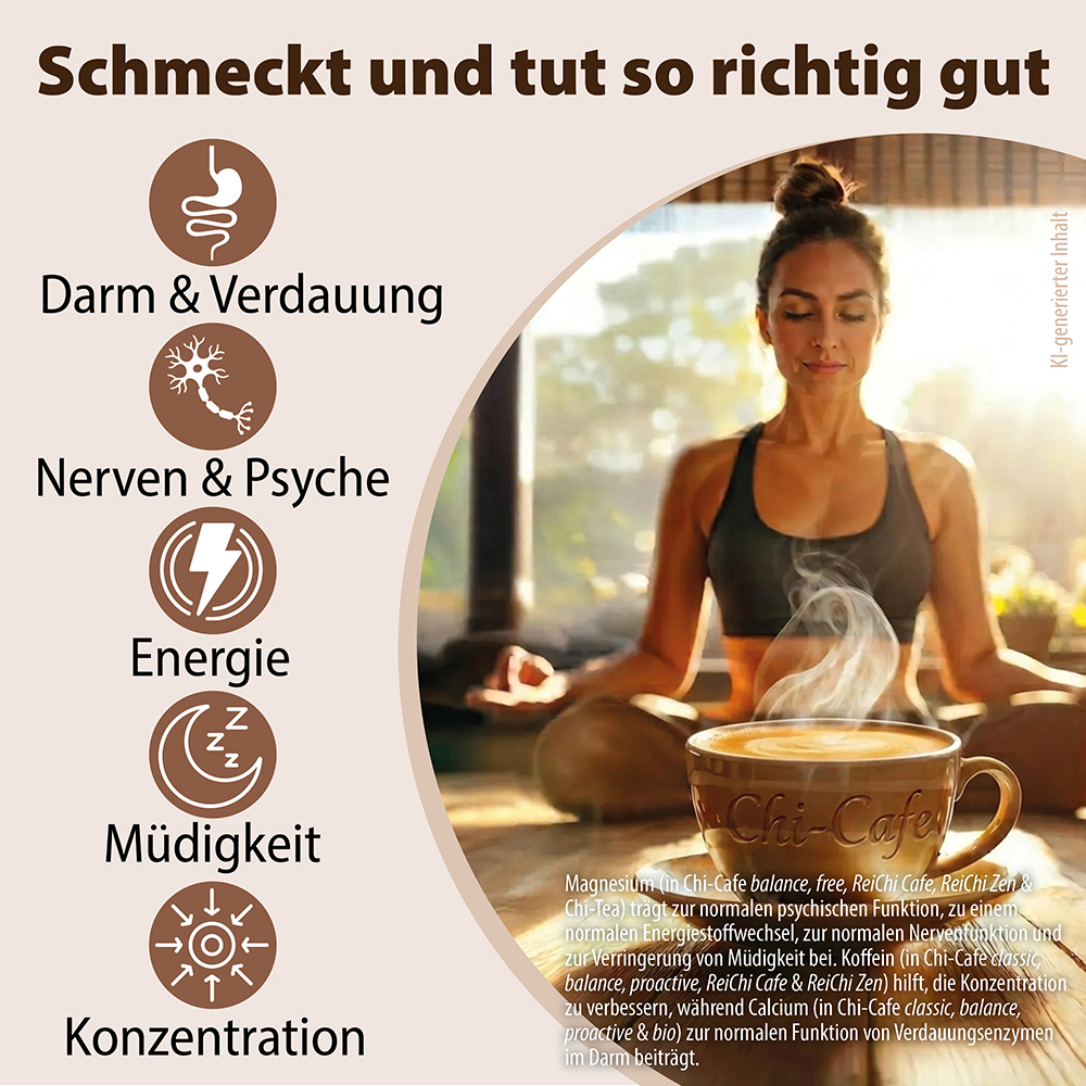 Infografik für Dr. Jacob’s Chi-Cafe-Produkte mit Symbolen für Darmgesundheit, Nerven, Energie, Müdigkeit und Konzentration, neben einer Frau, die neben einer dampfenden Tasse Kaffee meditiert.
