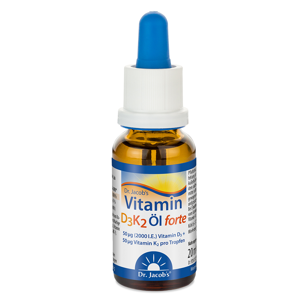 Dr. Jacob’s Vitamin D3 K2 Öl forte – Flüssigkeit, 20 ml, enthält 50 µg (2000 I.E.) Vitamin D3 und 50 µg Vitamin K2 pro Tropfen.