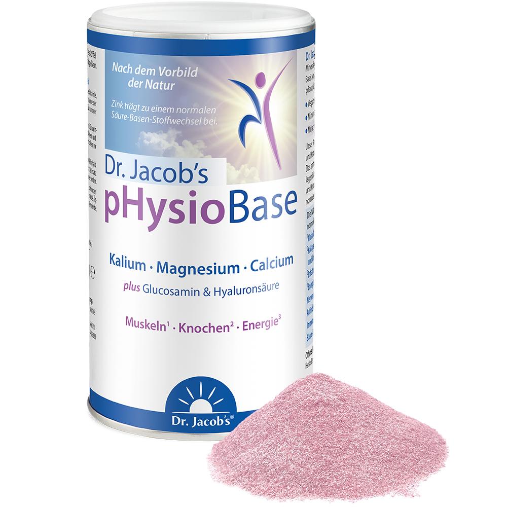 Dr. Jacobs pHysioBase-Mineralpulver in einer Dose mit Kalium, Magnesium, Kalzium, Glucosamin und Hyaluronsäure, begleitet von einem kleinen Stapel des rosafarbenen Pulverpräparats vor der Verpackung.