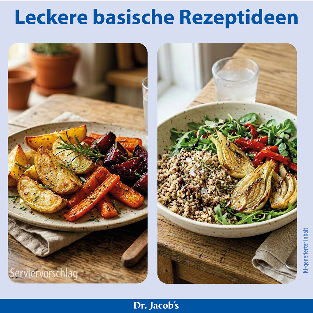Zwei Teller mit basischen Essensideen: einer mit Bratkartoffeln, Karotten und Roter Bete mit Rosmarin und der andere mit einer Salatschüssel mit Quinoa, Fenchel und Gemüse. Dr. Jacobs Logo unten.