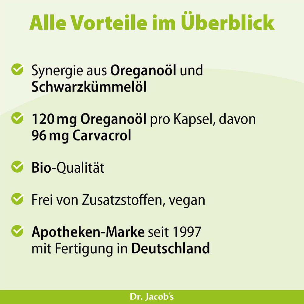 Infografik, die die Vorteile von Dr. Jacob's Oreganoöl und Schwarzkümmelöl hervorhebt, einschließlich Synergie, Bio-Qualität und veganen Inhaltsstoffen, mit Details zu den aktiven Bestandteilen pro Kapsel.