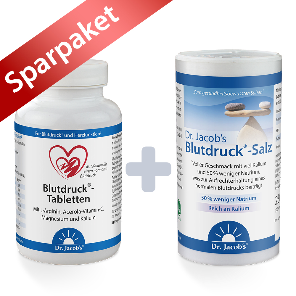 Set aus Dr. Jacob’s Blutdruck-Tabletten und Dr. Jacob’s Blutdruck-Salz, beide zur Unterstützung eines normalen Blutdrucks. Die Tabletten enthalten L-Arginin, Acerola-Vitamin-C, Magnesium und Kalium. Das Salz hat 50 % weniger Natrium und ist reich an 