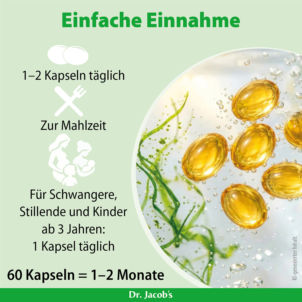 Infografik mit einfachen Anweisungen zur Einnahme von Dr. Jacobs Produkt, mit goldenen Kapseln und Symbolen, die Dosierung, Zeitpunkt der Mahlzeiten und Eignung für schwangere Frauen, stillende Mütter und Kinder über 3 Jahre darstellen.