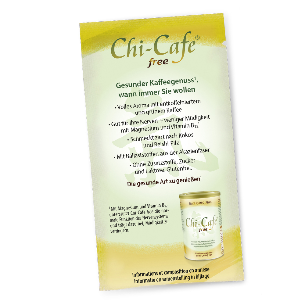 Kostenloses Produktinformationsblatt von Dr. Jacob’s Chi-Cafe mit einer Beschreibung von Zutaten wie entkoffeiniertem Kaffee, grünem Kaffee, Magnesium, Vitamin B12, Kokosnuss, Reishi-Pilz und Akazienfaser, einschließlich eines Bildes der Produktdose.