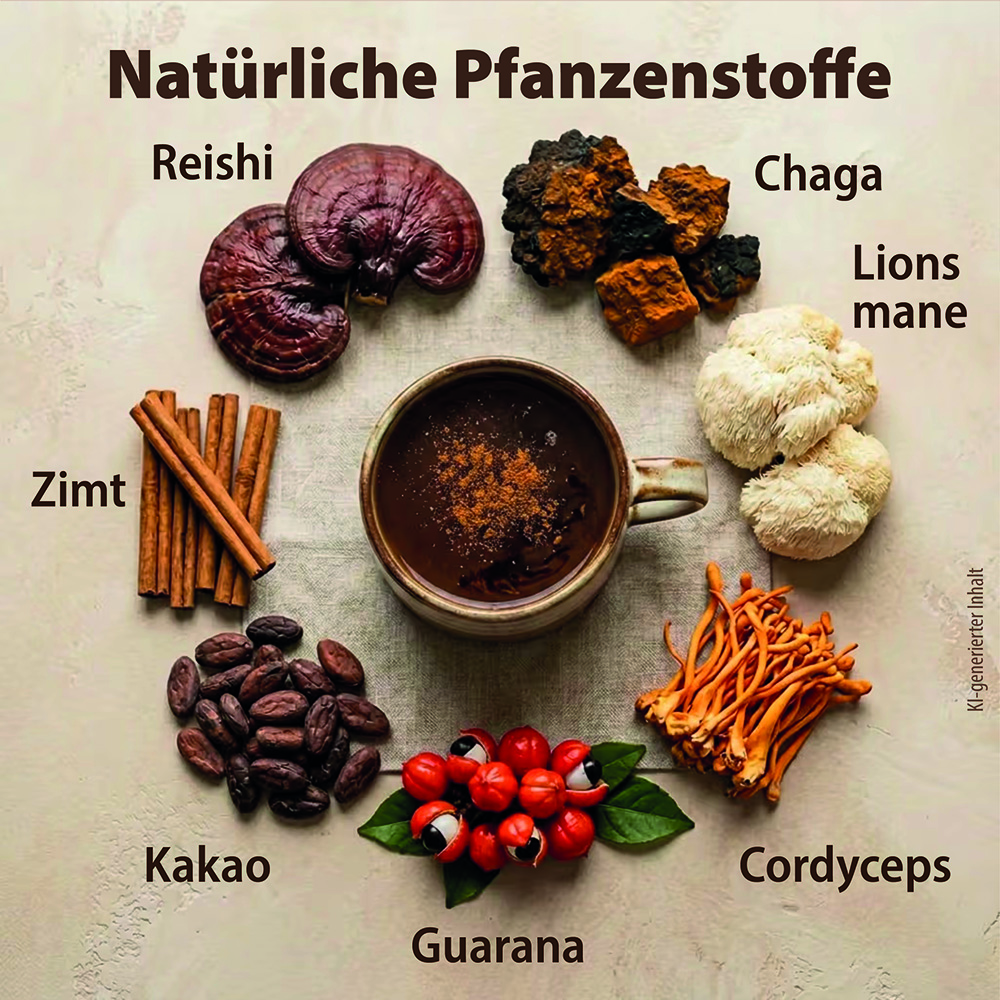 Infografik mit natürlichen Pflanzenzutaten, die um eine Tasse dunkles Getränk angeordnet sind: Reishi, Chaga, Löwenmähne, Cordyceps, Guarana, Kakaobohnen und Zimtstangen, beschriftet mit ihren jeweiligen Namen.