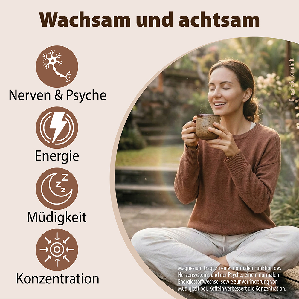 Infografik über die Vorteile von Magnesium und Koffein. Sie zeigt eine Frau, die im Freien aus einer Tasse trinkt, neben Symbolen für Nerven, Energie, Müdigkeit und Konzentration, mit Text, der ihre Rolle im Körper erklärt.