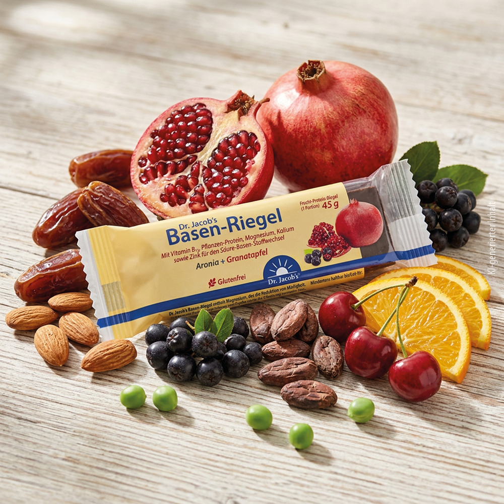 Dr. Jacob’s Basen-Riegel Aronia + Granatapfel, 45g Fruchtproteinriegel, umgeben von frischen Zutaten wie Granatäpfeln, Datteln, Mandeln, Aroniabeeren, Kirschen, Orangenscheiben und Erbsen auf einer Holzoberfläche.