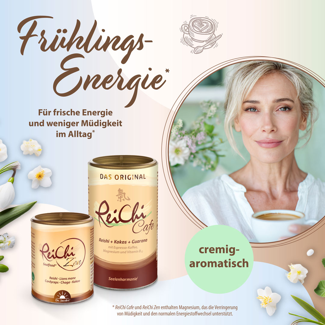 Set aus Dr. Jacob’s ReiChi Café und ReiChi Zen – Nahrungsergänzungsmittel in Dosen, mit Zutaten wie Reishi und Kokos. Für frische Energie im Alltag.