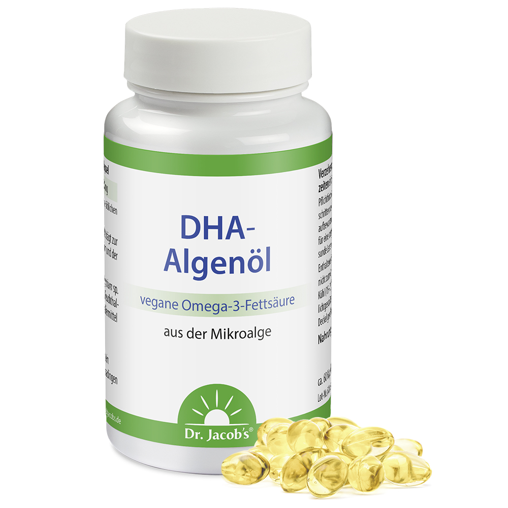 Dr. Jacob’s DHA-Algenöl – vegane Omega-3-Fettsäure aus der Mikroalge, in einer weißen Dose mit gelben Kapseln im Vordergrund.