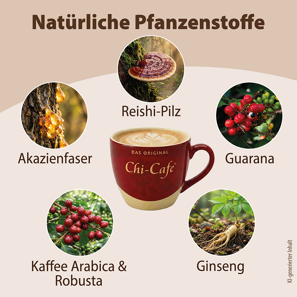 Infografik mit natürlichen Zutaten von Dr. Jacob's Chi-Cafe: Reishi-Pilz, Akazienfaser, Guarana, Kaffeebohnen (Arabica und Robusta) und Ginseng, zentriert um eine Tasse Kaffee.