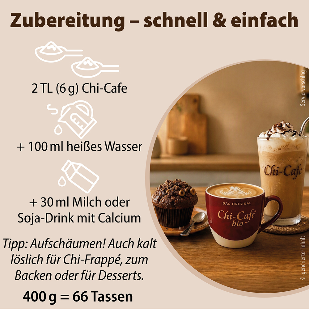 Infografik zur Zubereitung von Dr. Jacob’s Chi-Cafe: 2 Teelöffel Pulver mit 100 ml heißem Wasser und 30 ml Milch oder Sojadrink vermischen. Enthält Serviervorschläge für heißen Kaffee und eisgekühlten Chi-Frappé mit einem Muffin.