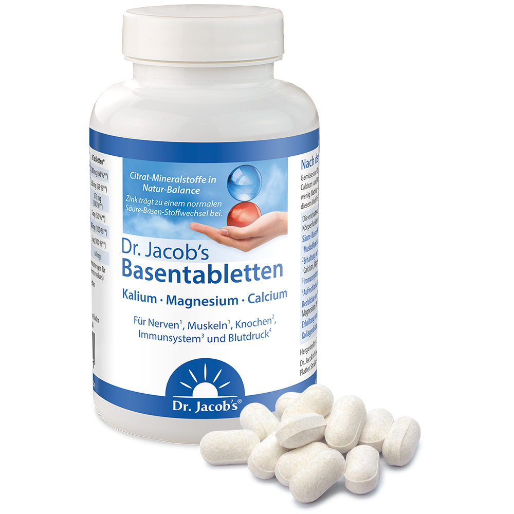 Dr. Jacob’s Basentabletten, ein Nahrungsergänzungsmittel mit Kalium, Magnesium und Kalzium, präsentiert als weiße Plastikflasche mit blauem Etikett, im Vordergrund ein kleiner Stapel ovaler Tabletten.