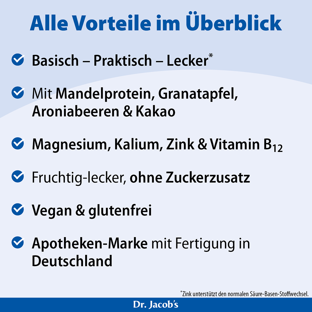 Infografik von Dr. Jacob mit Auflistung der Produktvorteile: alkalisch, praktisch, lecker, enthält Mandelprotein, Granatapfel, Aronia, Kakao, Magnesium, Kalium, Zink und Vitamin B12. Es ist vegan, glutenfrei, ohne Zuckerzusatz und in Deutschland herg