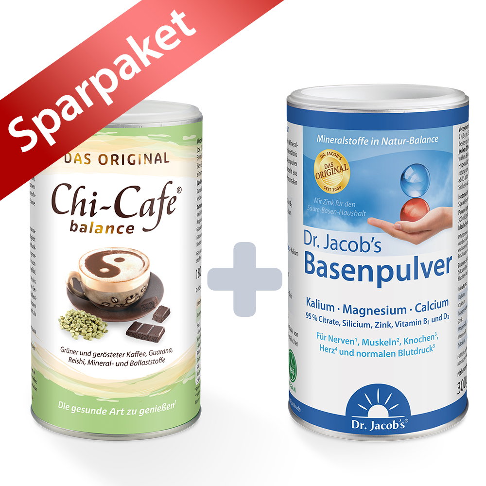 Set aus Dr. Jacob’s Basenpulver und Chi-Cafe balance – Mineralstoffe und Kaffeegetränk in Dosen, 300 g und 180 g.