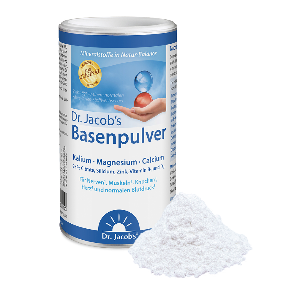 Dr. Jacob’s Basenpulver – Pulver mit Kalium, Magnesium und Calcium in einer Dosis. Mineralstoffe zur Unterstützung des Säure-Basen-Haushalts.
