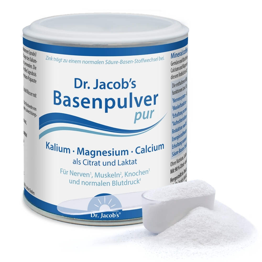 Dr. Jacob’s Basenpulver pur – Mineralstoffpräparat mit Kalium, Magnesium und Calcium in Citrat- und Laktatform, präsentiert als Pulver in einer weißen Dose mit Messlöffel und einer kleinen Portion Pulver davor.