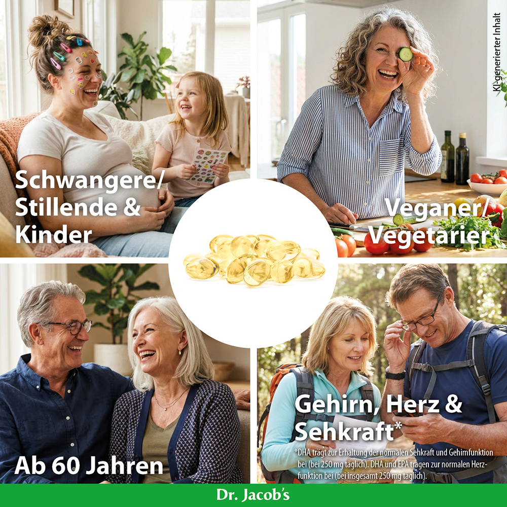 Collage mit verschiedenen Menschen, die sich an gesunden Aktivitäten erfreuen. Darunter eine Mutter mit einem Kind, eine Frau, die Essen zubereitet, und ein älteres Paar, das lacht. In der Mitte befindet sich eine Gruppe goldener Kapseln, die Dr. Jac