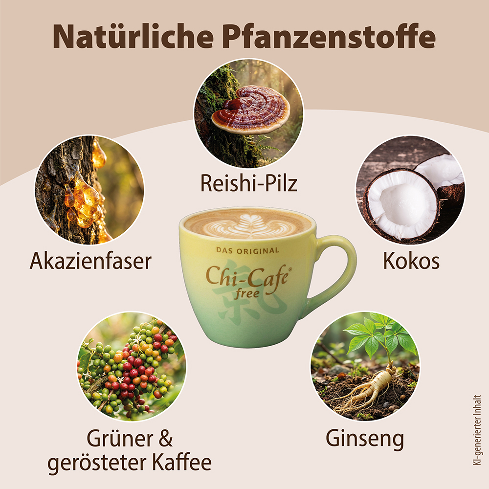 Infografik mit natürlichen Zutaten von Dr. Jacob’s Chi-Cafe free: Akazienfaser, Reishi-Pilz, Kokosnuss, grüner und gerösteter Kaffee sowie Ginseng, angeordnet um eine Tasse Kaffee.
