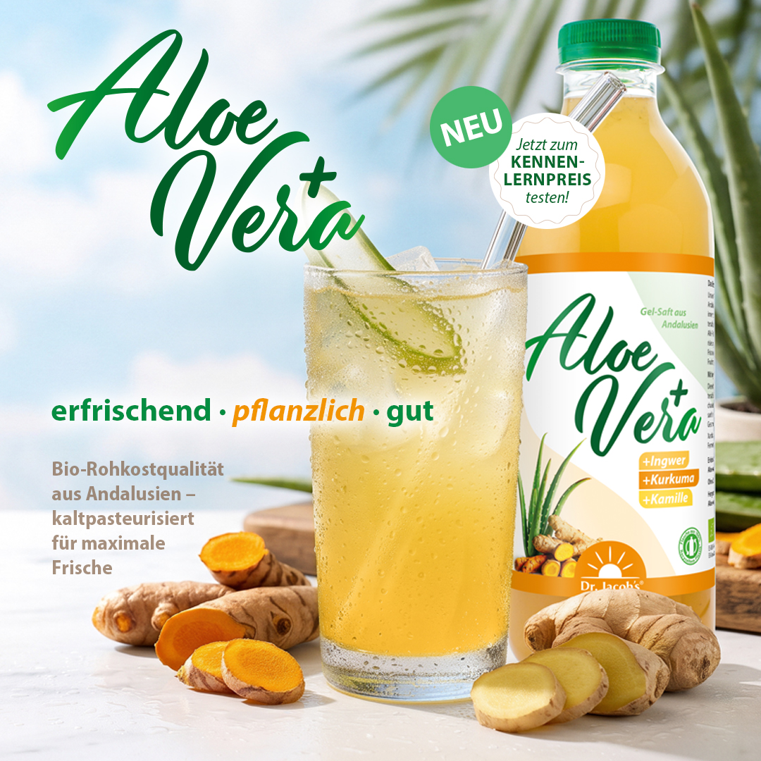 Dr. Jacob’s Aloe Vera Gelsaft mit Ingwer, Kurkuma und Kamille in einer Glasflasche neben einem Glas mit dem Getränk, garniert mit Gurke und frischen Ingwer- und Kurkumawurzeln auf einer Holzoberfläche in einer hellen, natürlichen Umgebung.