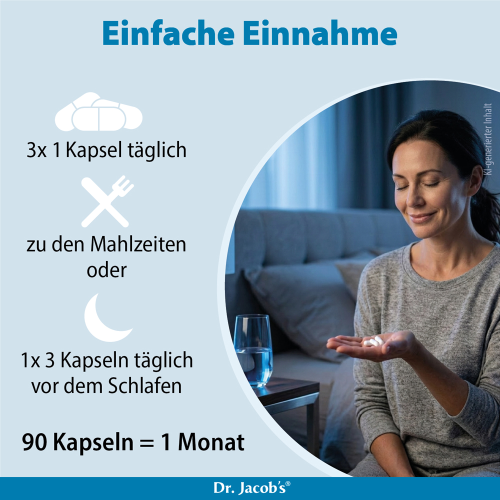 Infografik zur Einnahme von Dr. Jacob’s Kapseln: 3x1 Kapsel täglich zu den Mahlzeiten oder 1x3 Kapseln vor dem Schlafen. 90 Kapseln entsprechen einem Monat.